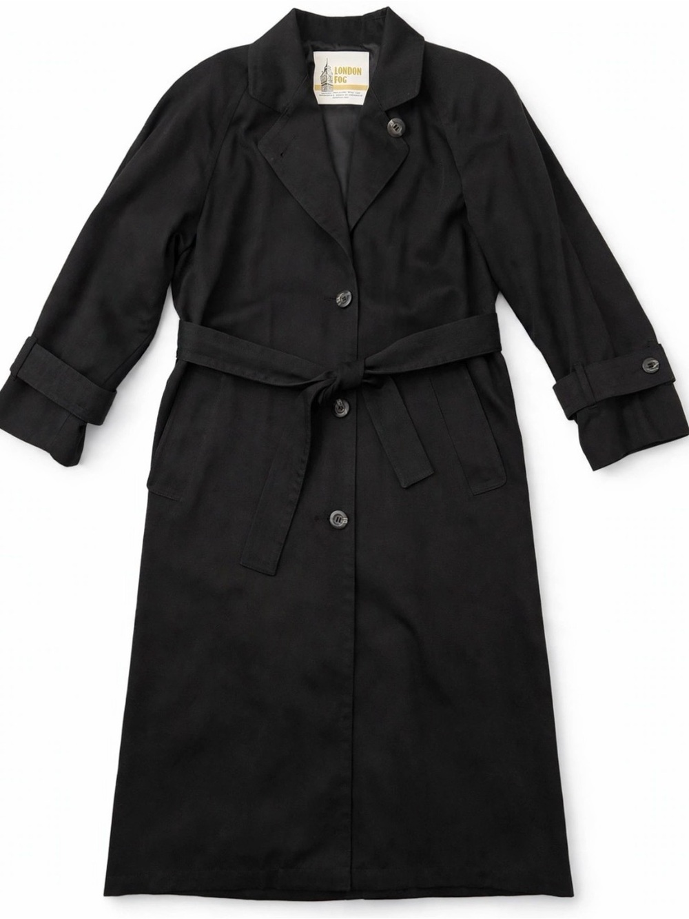 Vintage London Fog Womens Black Trench Coat Size 4 Petite Belted Button USA Made